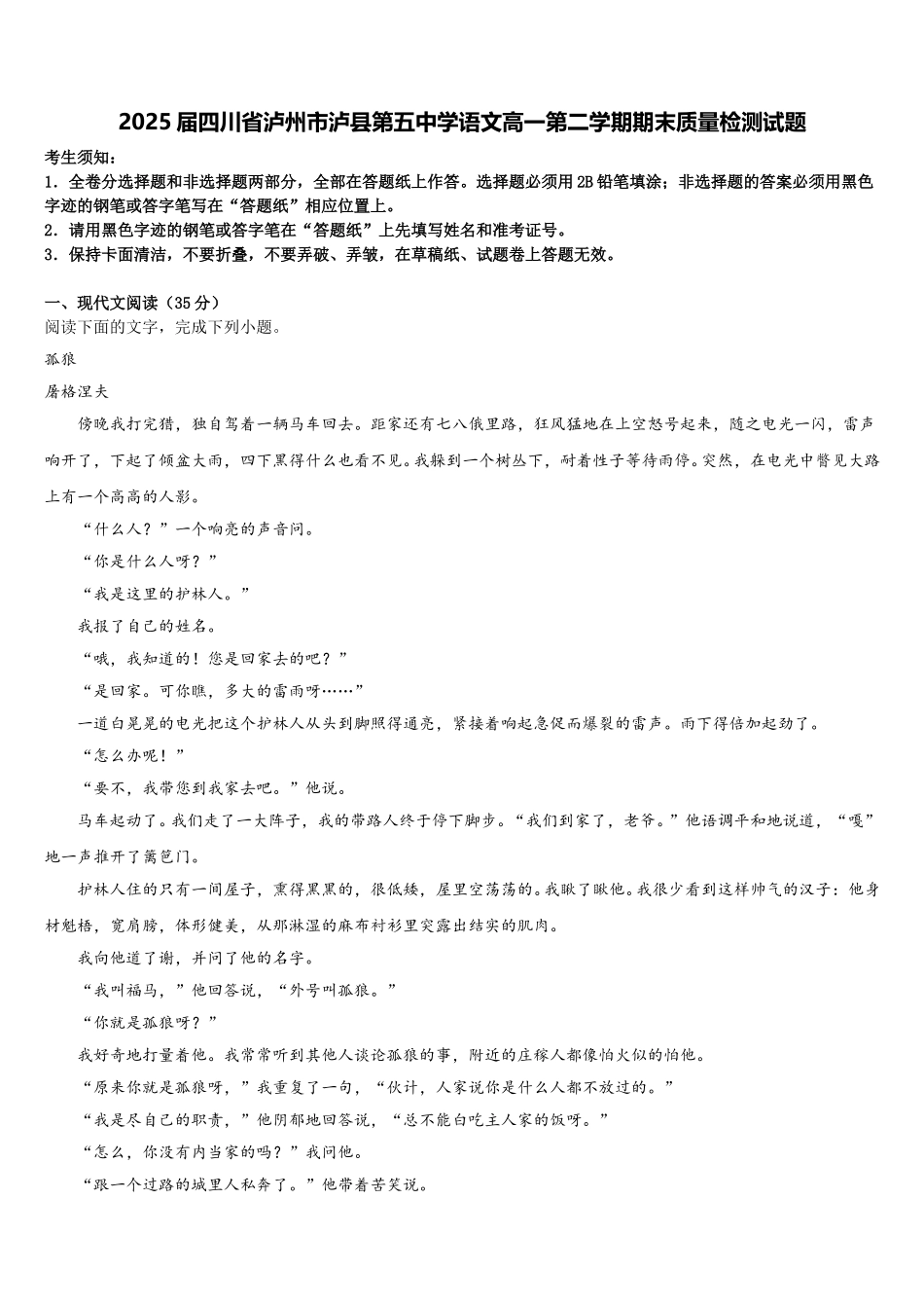 2025届四川省泸州市泸县第五中学语文高一第二学期期末质量检测试题含解析_第1页
