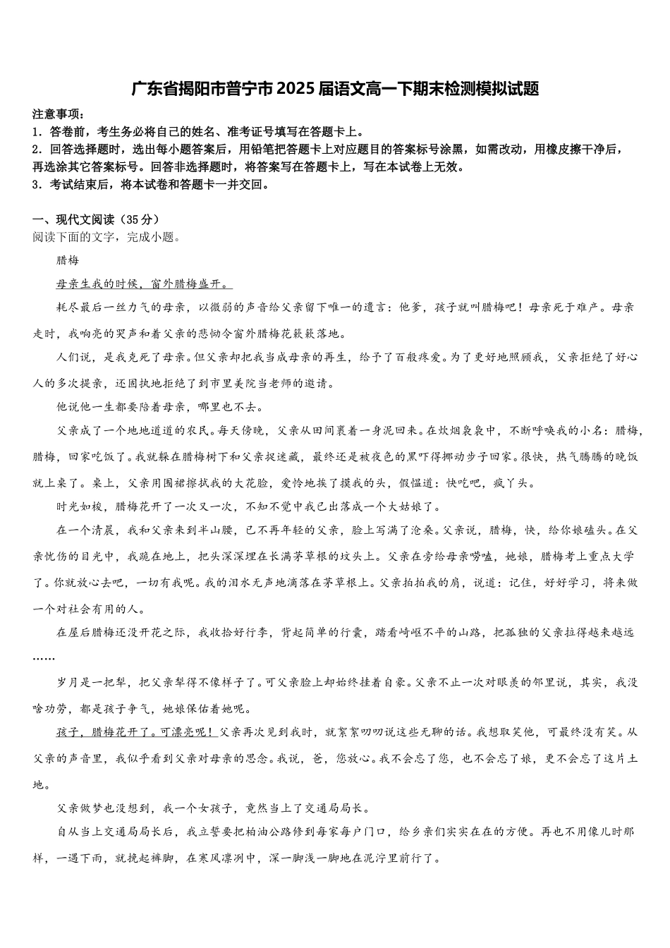 广东省揭阳市普宁市2025届语文高一下期末检测模拟试题含解析_第1页