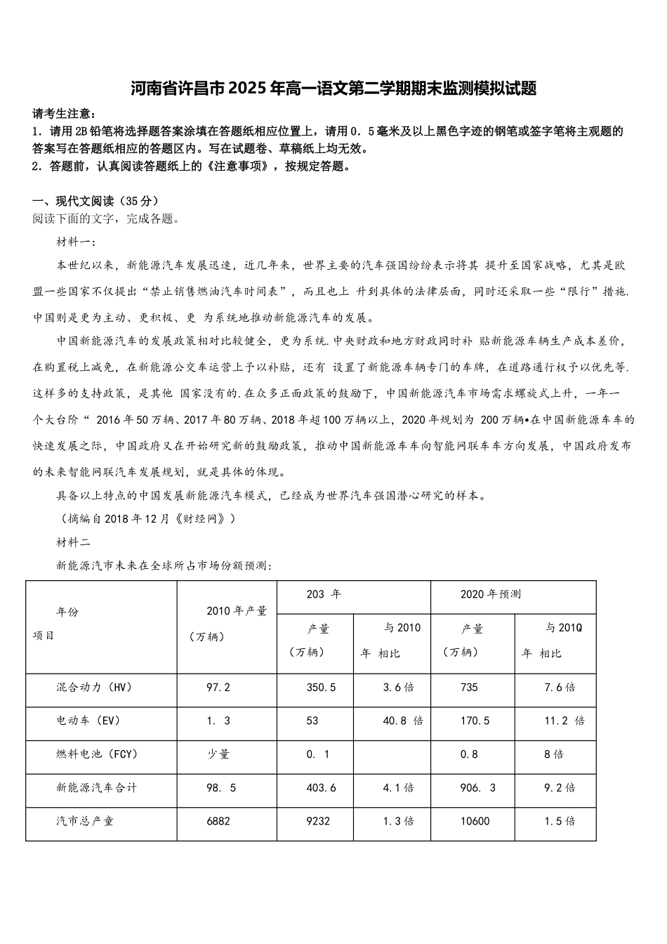 河南省许昌市2025年高一语文第二学期期末监测模拟试题含解析_第1页