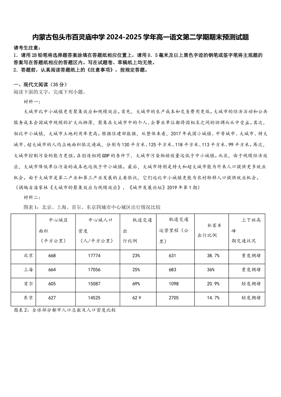 内蒙古包头市百灵庙中学2024-2025学年高一语文第二学期期末预测试题含解析_第1页