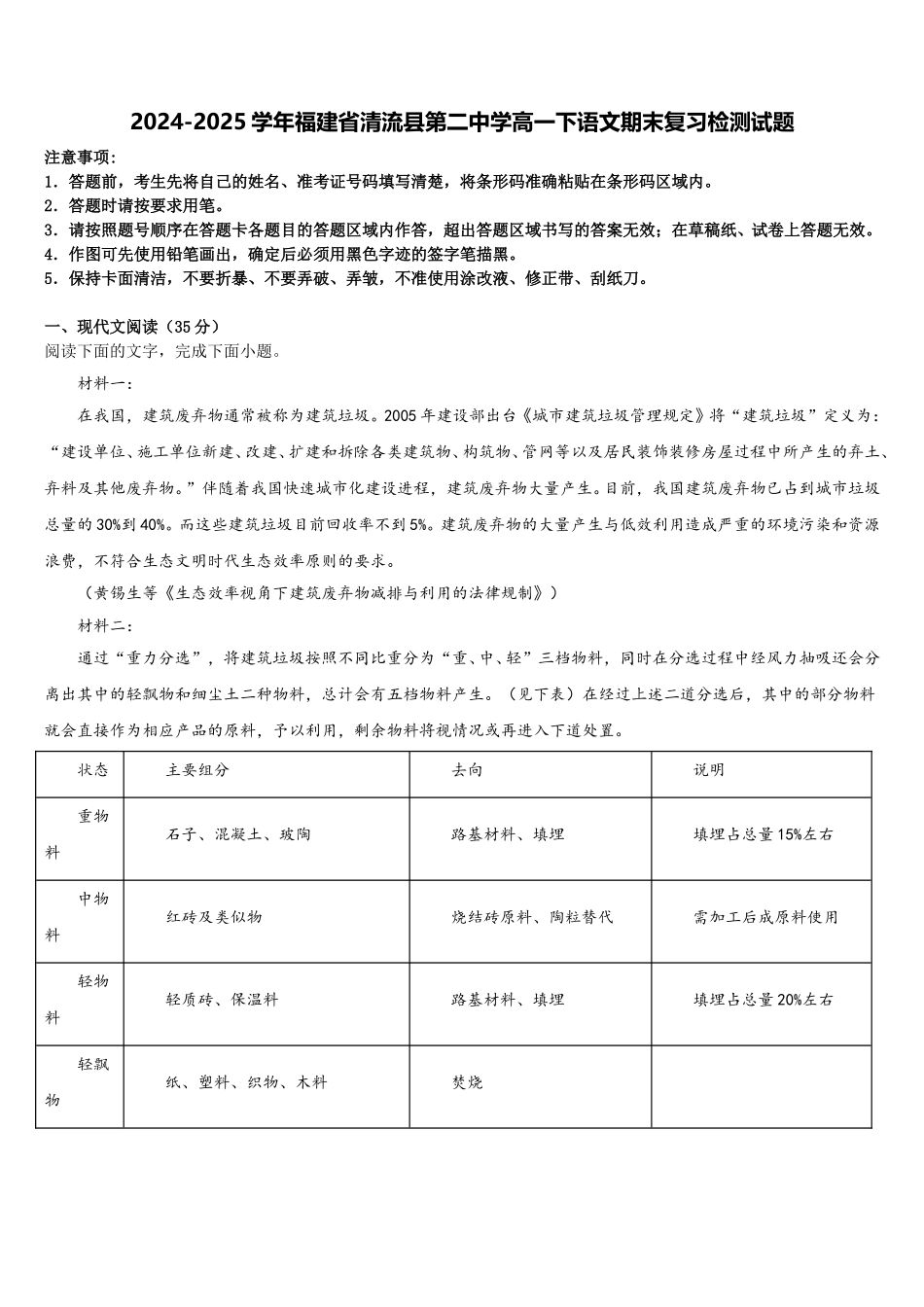 2024-2025学年福建省清流县第二中学高一下语文期末复习检测试题含解析_第1页