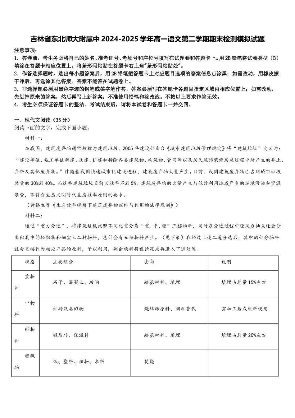 吉林省东北师大附属中2024-2025学年高一语文第二学期期末检测模拟试题含解析_第1页