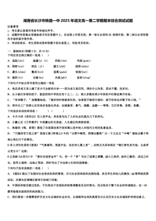 湖南省长沙市铁路一中2025年语文高一第二学期期末综合测试试题含解析