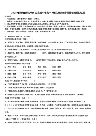 2025年湖南省长沙市广益实验中学高一下语文期末教学质量检测模拟试题含解析