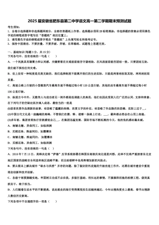 2025届安徽省肥东县第二中学语文高一第二学期期末预测试题含解析