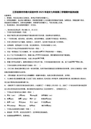 江苏省泰州市泰兴实验中学2025年语文七年级第二学期期中监测试题含解析