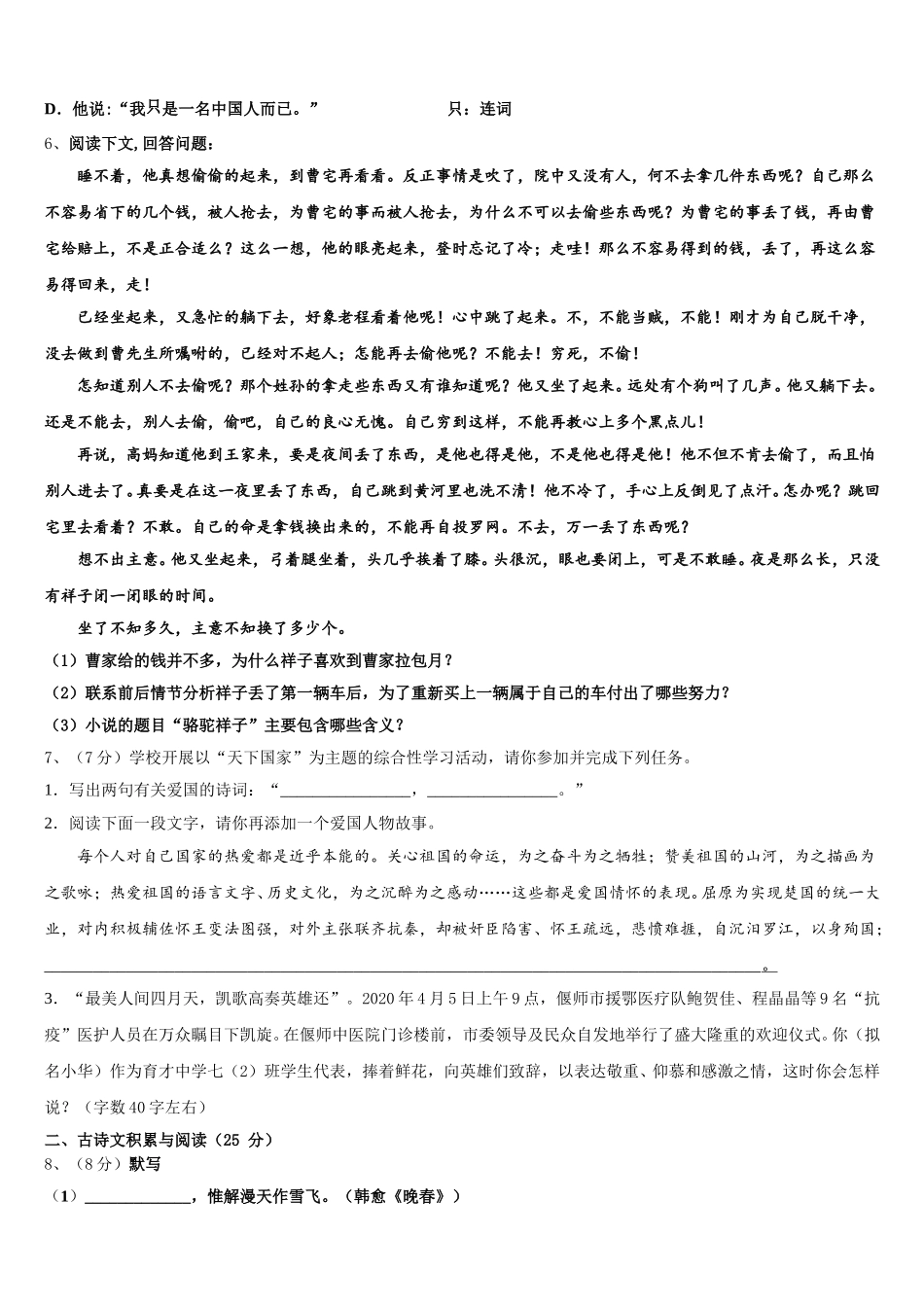 2024-2025学年江苏省大丰区万盈镇沈灶初级中学语文七年级第二学期期中达标检测试题含解析_第2页