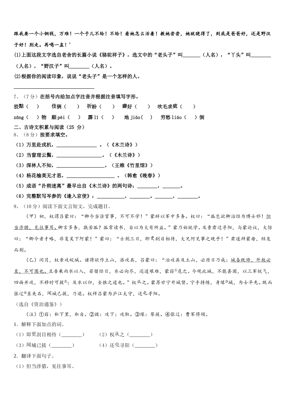 2025届江苏省大丰市实验初级中学语文七下期中调研模拟试题含解析_第2页