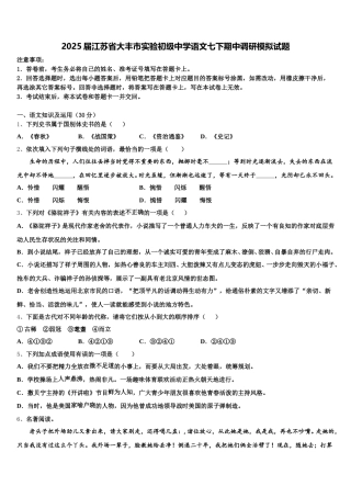 2025届江苏省大丰市实验初级中学语文七下期中调研模拟试题含解析