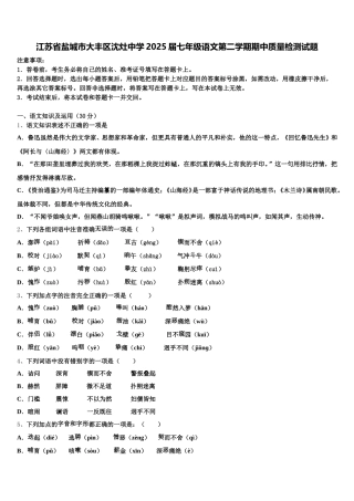 江苏省盐城市大丰区沈灶中学2025届七年级语文第二学期期中质量检测试题含解析