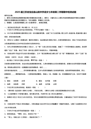 2025届江苏省宝应县山阳中学语文七年级第二学期期中检测试题含解析