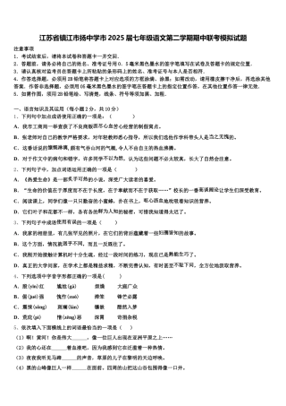 江苏省镇江市扬中学市2025届七年级语文第二学期期中联考模拟试题含解析