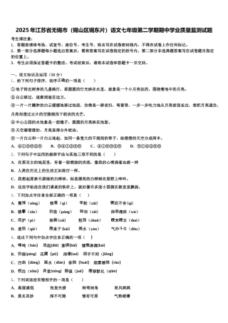 2025年江苏省无锡市（锡山区锡东片）语文七年级第二学期期中学业质量监测试题含解析
