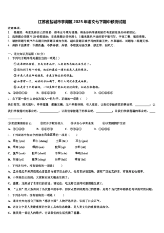 江苏省盐城市亭湖区2025年语文七下期中预测试题含解析
