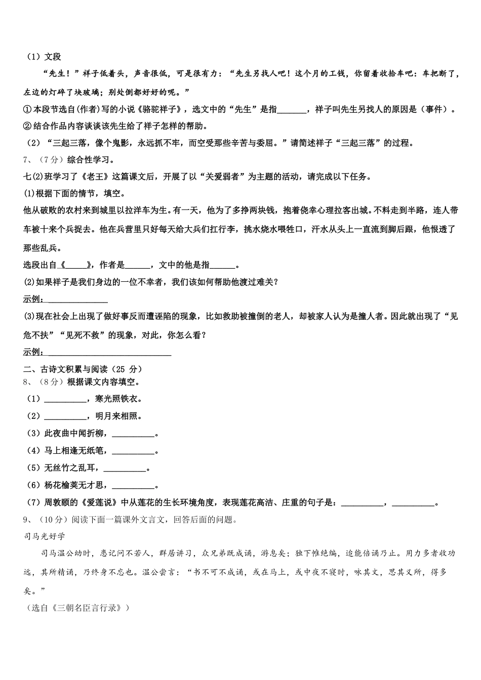 江苏省泰州医药高新区六校联考2025年七年级语文第二学期期中考试试题含解析_第2页