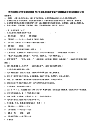 江苏省泰州市智堡实验学校2025届七年级语文第二学期期中复习检测模拟试题含解析
