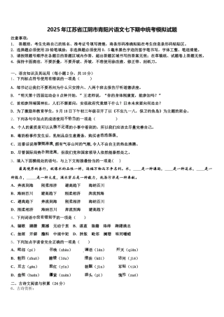 2025年江苏省江阴市青阳片语文七下期中统考模拟试题含解析