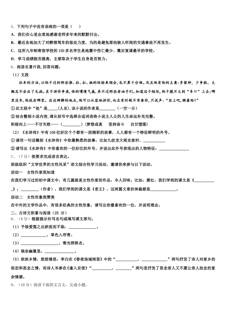 2025年江苏省兴化市乐吾实验学校七下语文期中复习检测模拟试题含解析_第2页