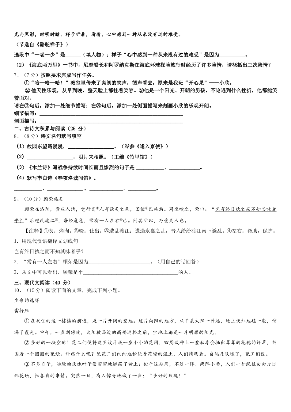 2025年江苏省如皋市常青初级中学七年级语文第二学期期中监测试题含解析_第2页
