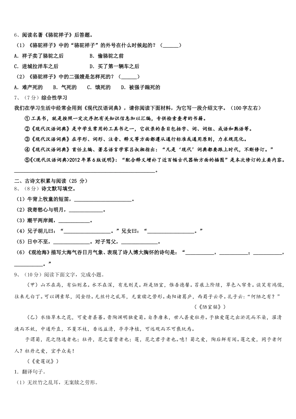 江苏省扬州市江都区十学校2025年语文七下期中学业水平测试模拟试题含解析_第2页