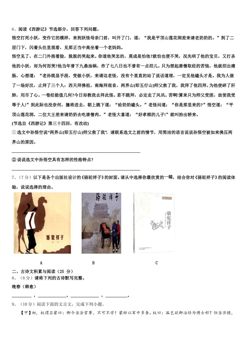 2024-2025学年南通市崇川区启秀中学语文七下期中综合测试模拟试题含解析_第2页