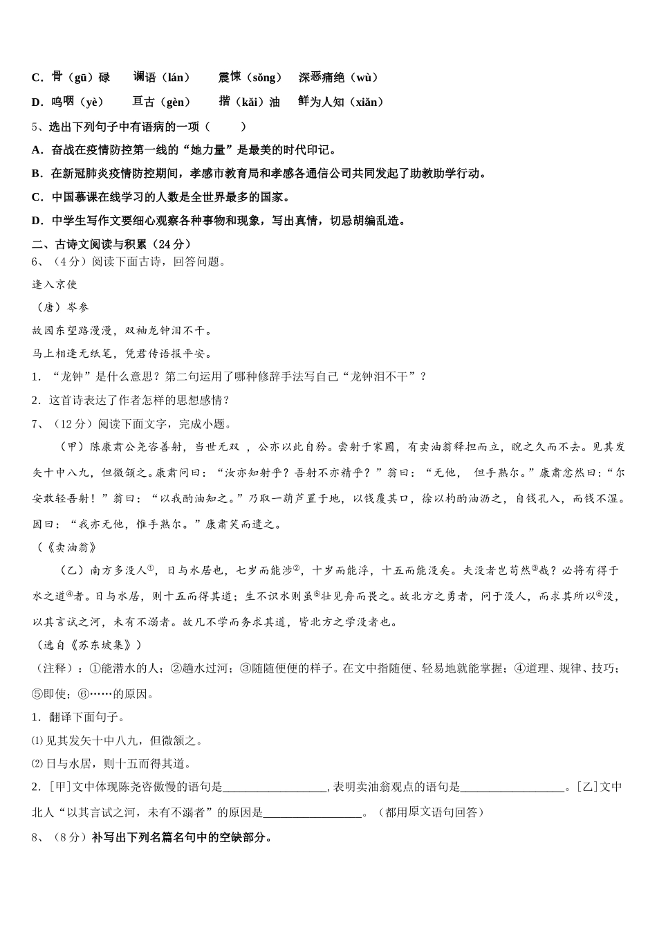 2025届江苏省扬州市仪征市、高邮市语文七下期中统考模拟试题含解析_第2页