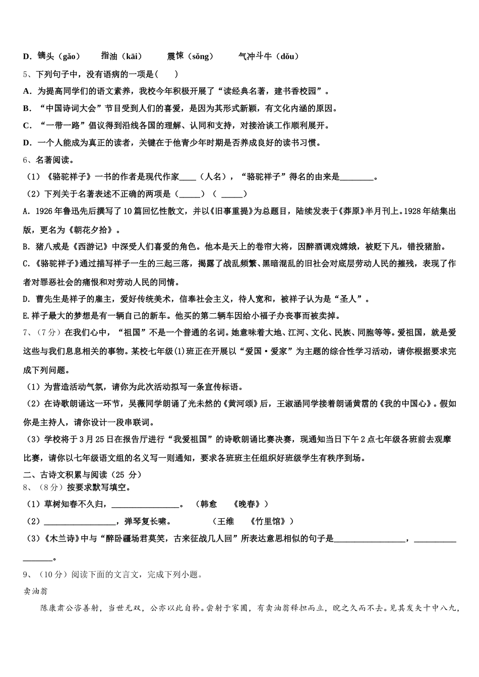 2025年江苏省江都国际学校语文七下期中统考模拟试题含解析_第2页