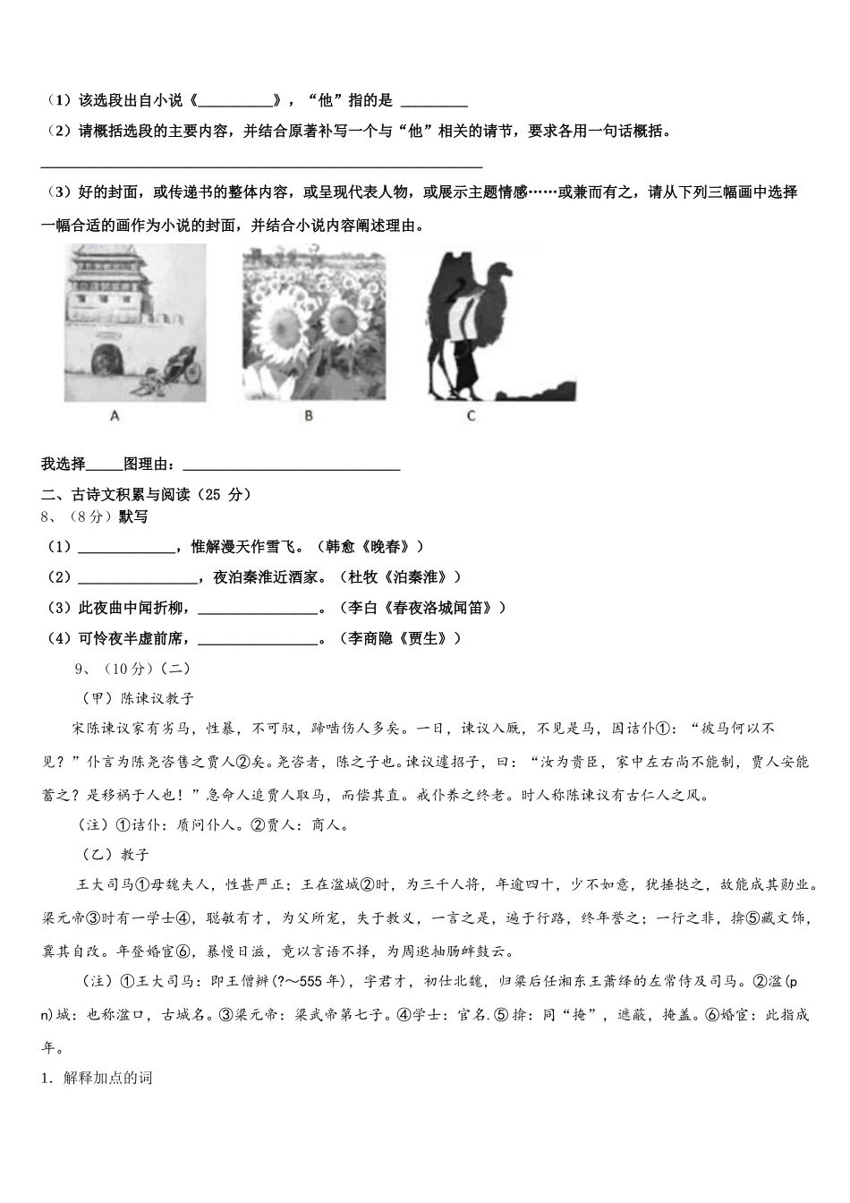 江苏省苏州市张家港市梁丰初级中学2024-2025学年七下语文期中达标检测试题含解析_第3页