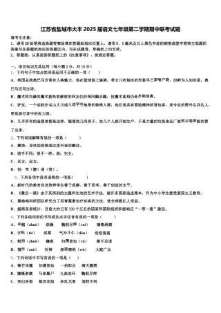 江苏省盐城市大丰2025届语文七年级第二学期期中联考试题含解析
