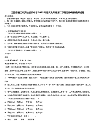 江苏省镇江市实验初级中学2025年语文七年级第二学期期中考试模拟试题含解析