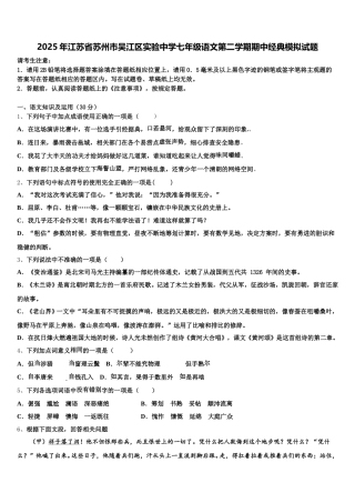 2025年江苏省苏州市吴江区实验中学七年级语文第二学期期中经典模拟试题含解析
