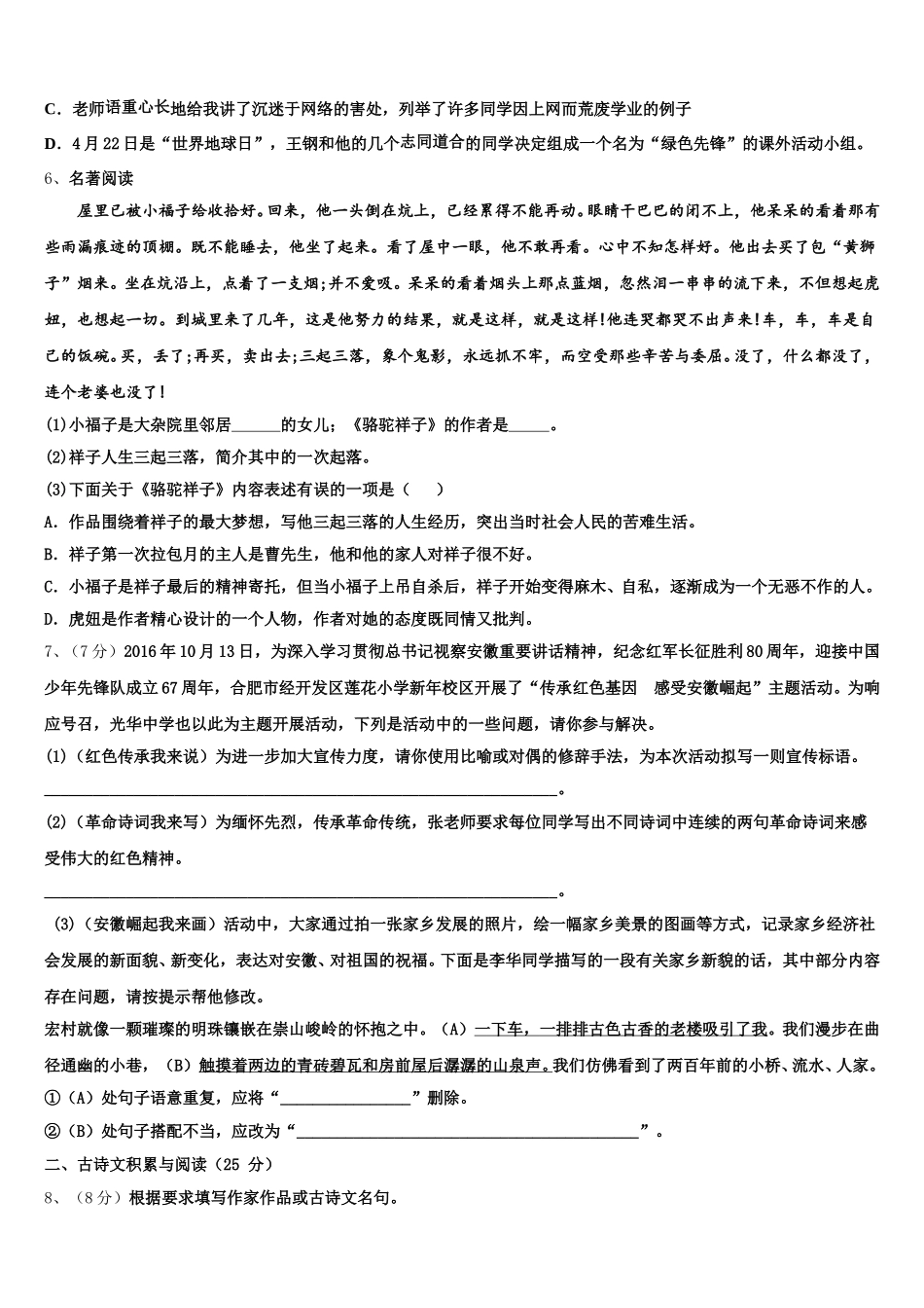 江苏省徐州市西苑中学2024-2025学年七年级语文第二学期期中教学质量检测模拟试题含解析_第2页