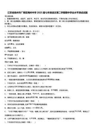 江苏省扬州市广陵区梅岭中学2025届七年级语文第二学期期中学业水平测试试题含解析