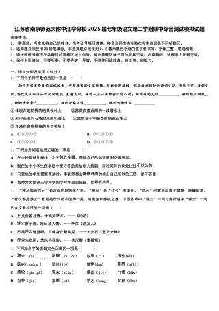 江苏省南京师范大附中江宁分校2025届七年级语文第二学期期中综合测试模拟试题含解析