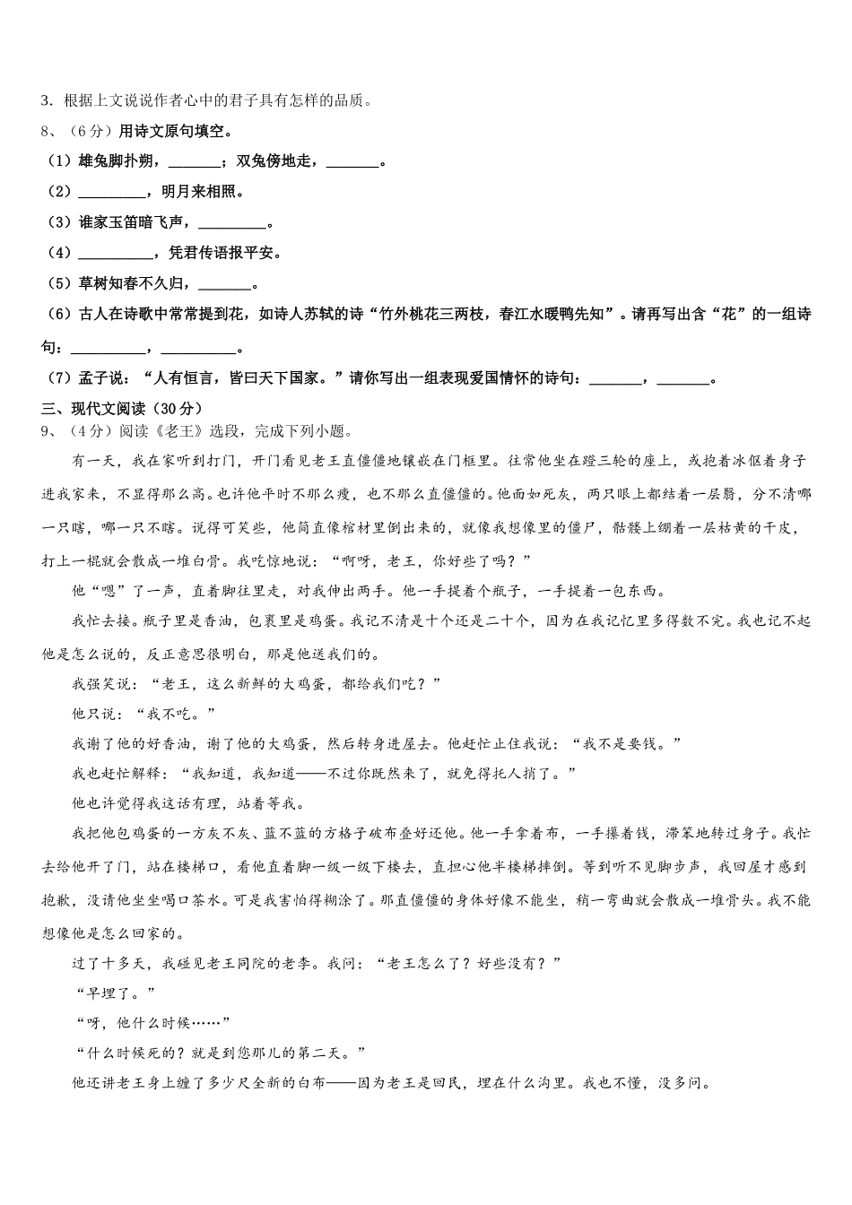 2025届宁夏石嘴山市平罗四中学七年级语文第二学期期中监测模拟试题含解析_第3页