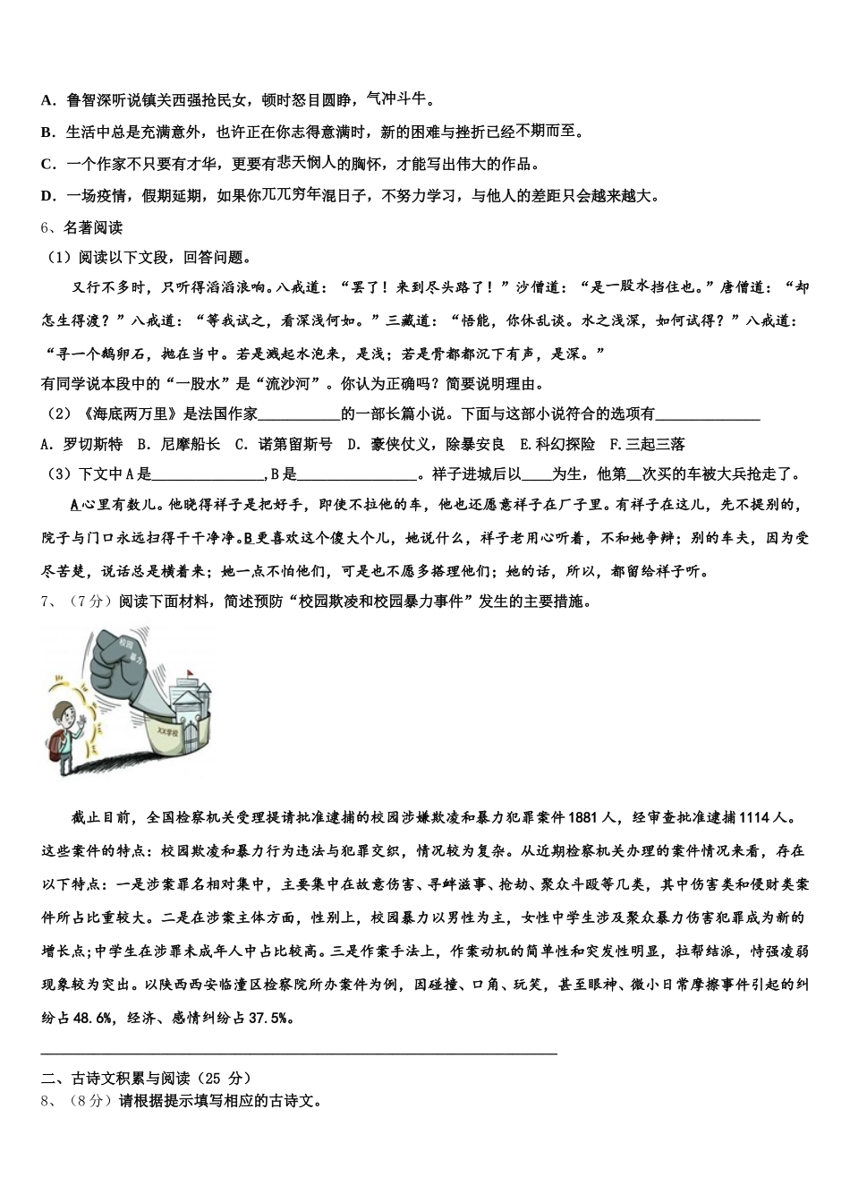 宁夏宽口井中学石油希望学校2024-2025学年七年级语文第二学期期中复习检测试题含解析_第2页