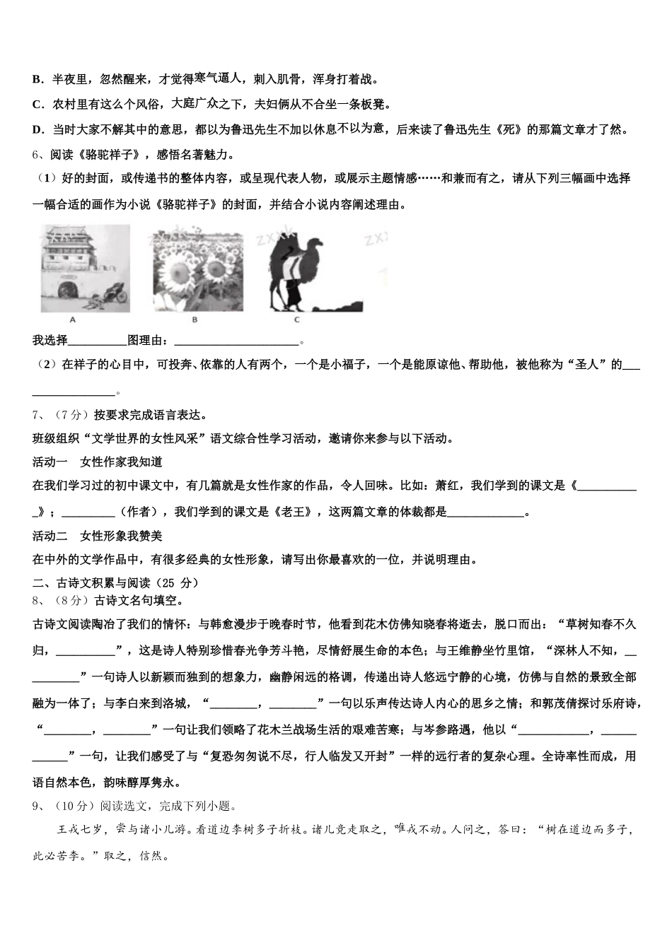 2024-2025学年贵州省黔南长顺县七下语文期中经典模拟试题含解析_第2页