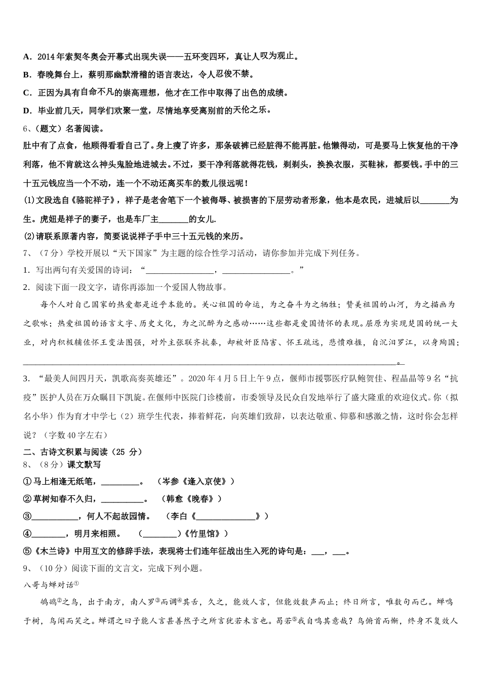 贵州省凯里市华鑫实验学校2025年七下语文期中综合测试模拟试题含解析_第2页