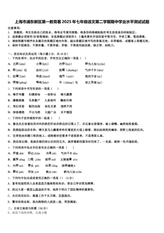 上海市浦东新区第一教育署2025年七年级语文第二学期期中学业水平测试试题含解析