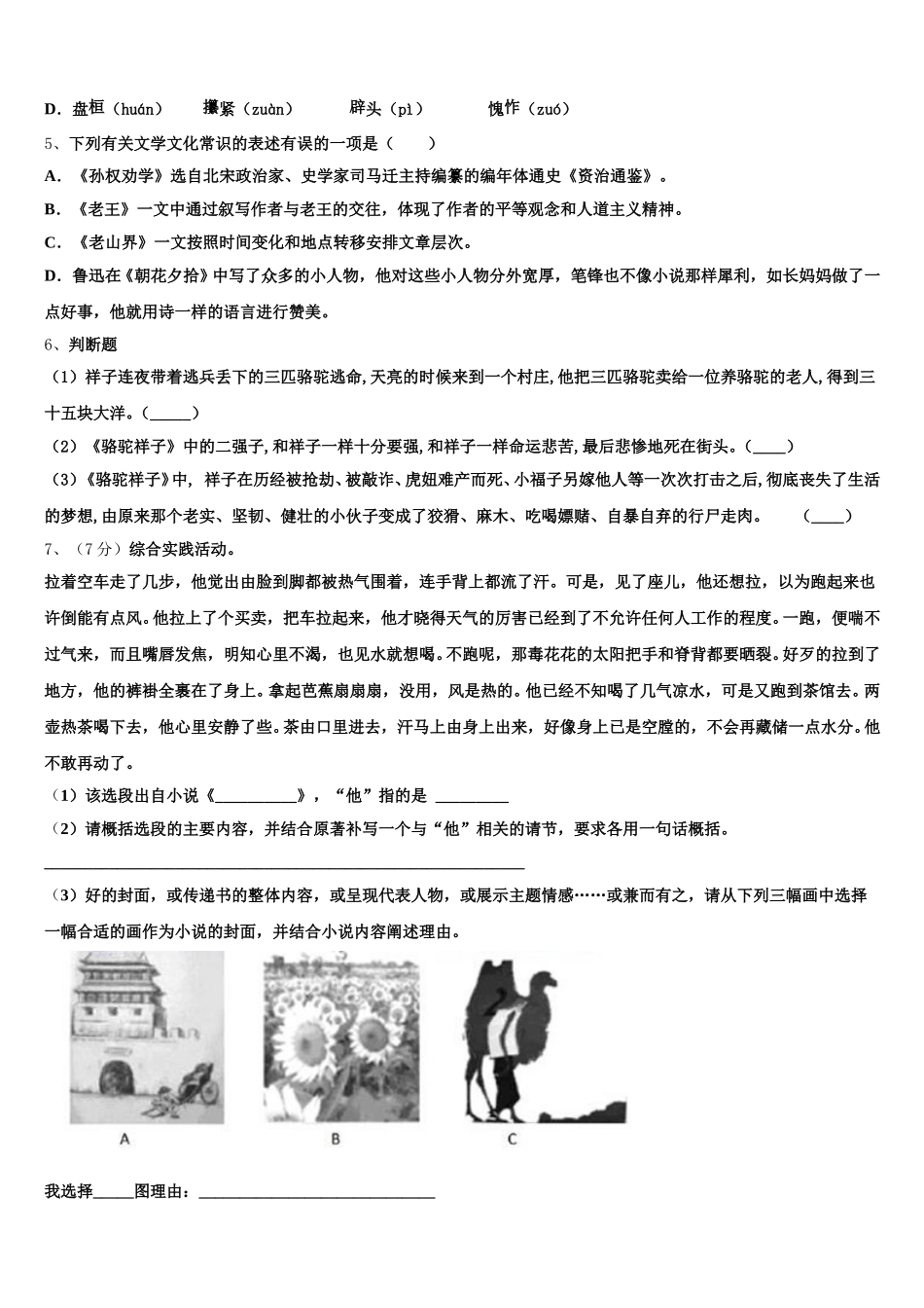 2025年上海市浦东新区七下语文期中达标测试试题含解析_第2页