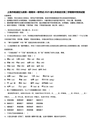上海市杨浦区九级第一期期末一模考试2025届七年级语文第二学期期中预测试题含解析