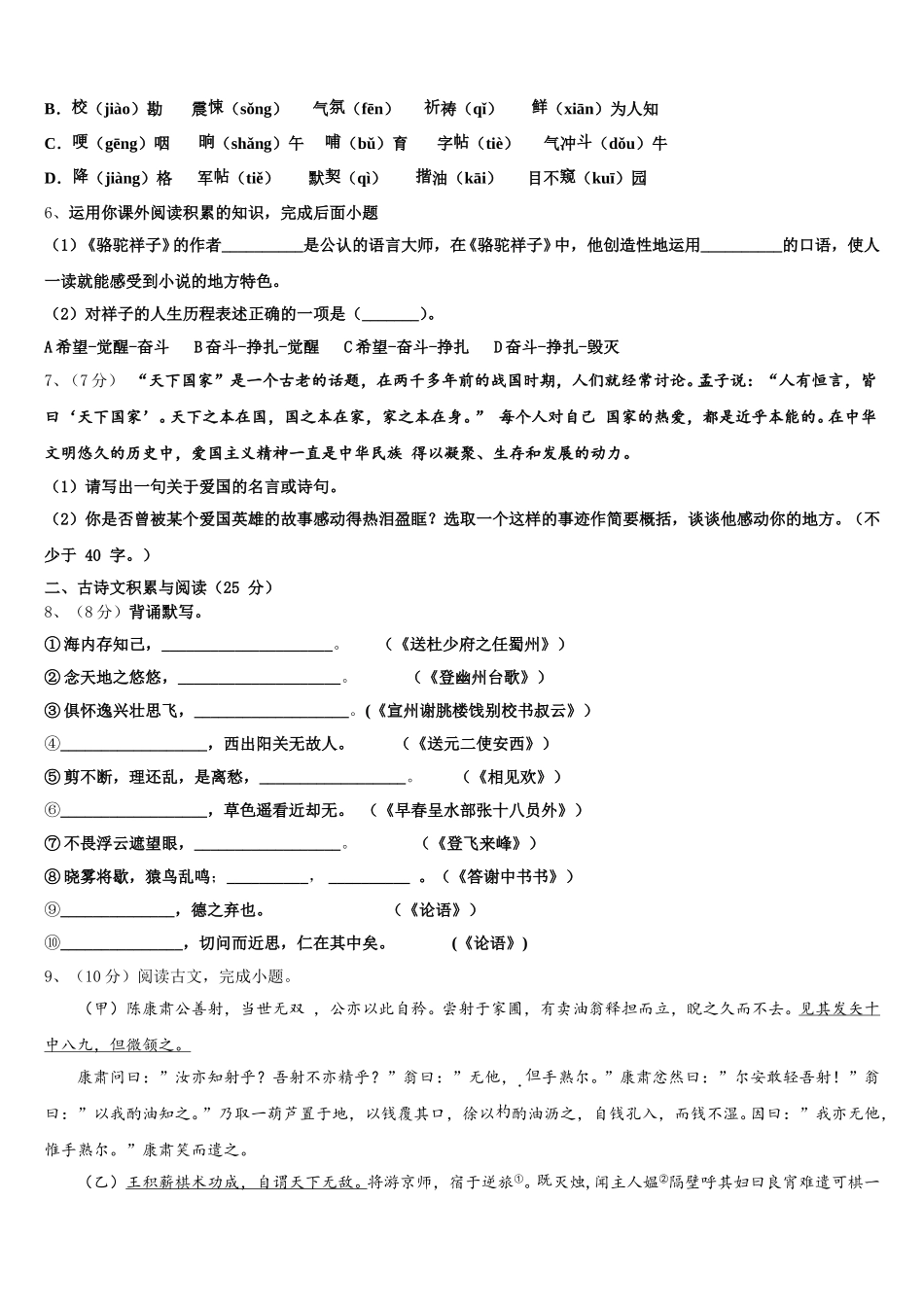 资阳市重点中学2025年七年级语文第二学期期中综合测试试题含解析_第2页
