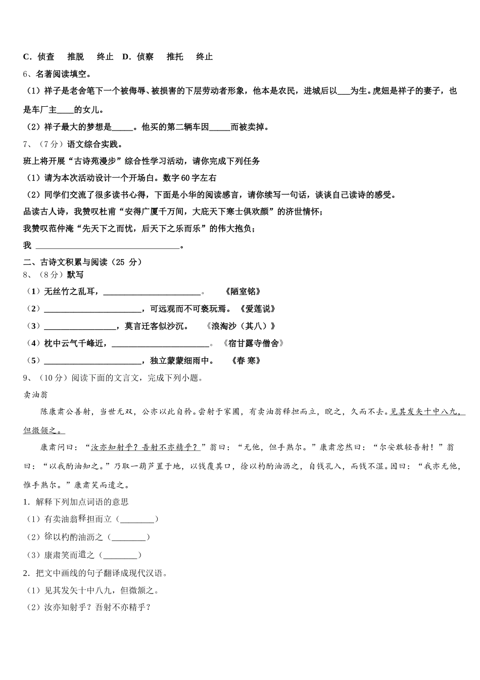 四川省乐山市市中学区2024-2025学年语文七年级第二学期期中达标检测模拟试题含解析_第2页