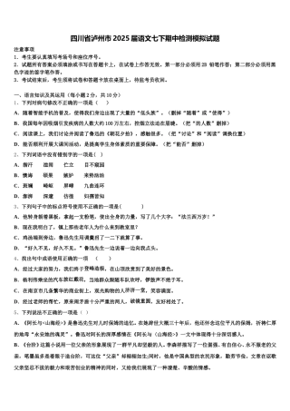 四川省泸州市2025届语文七下期中检测模拟试题含解析