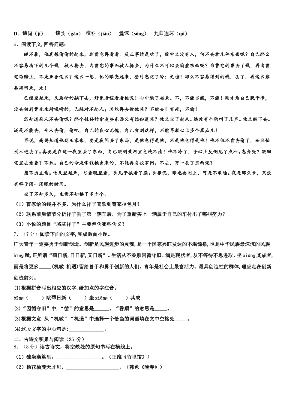 甘肃省白银市会宁县2024-2025学年七年级语文第二学期期中调研模拟试题含解析_第2页
