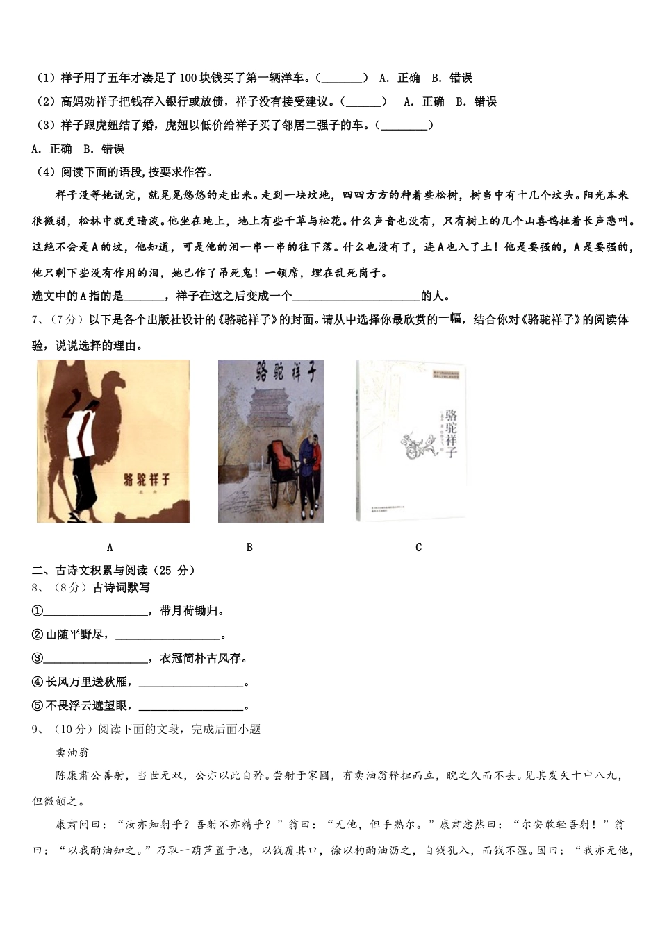 2025届甘肃省庆阳市合水县语文七年级第二学期期中达标检测试题含解析_第2页