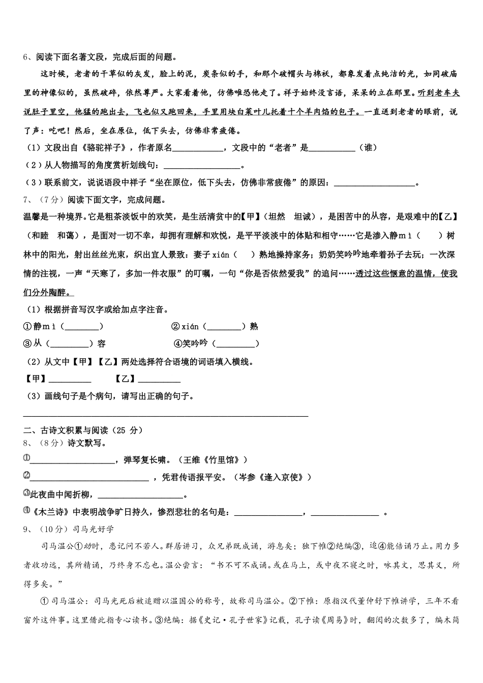 2025届海南省海南中学七下语文期中教学质量检测试题含解析_第2页