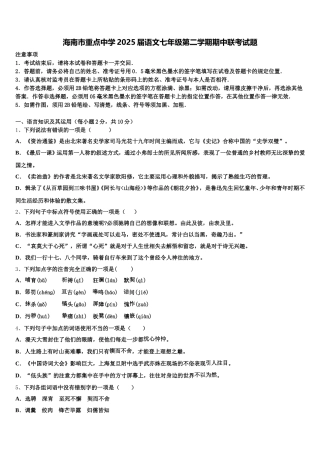 海南市重点中学2025届语文七年级第二学期期中联考试题含解析