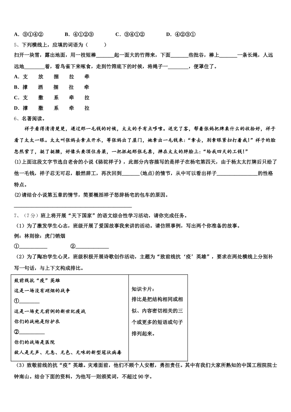 2024-2025学年海南省海南师范大附属中学语文七下期中复习检测试题含解析_第2页