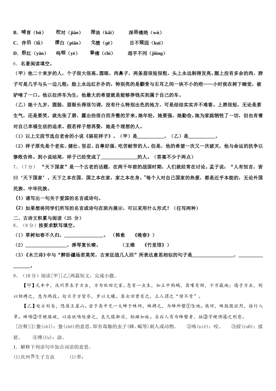2025年广东省广州市铁一中学语文七年级第二学期期中联考模拟试题含解析_第2页